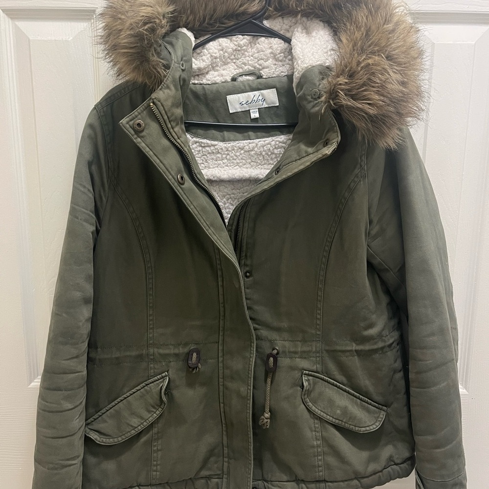 Women's Green Parka Jacket with Faux Fur Hood